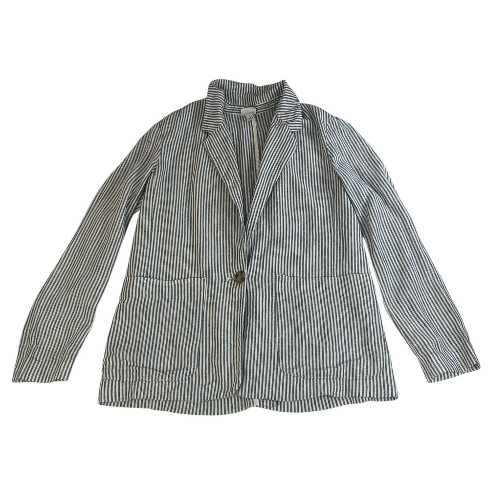 A New Day Womens Small Linen Blend Blazer Striped Blue White Coastal‎